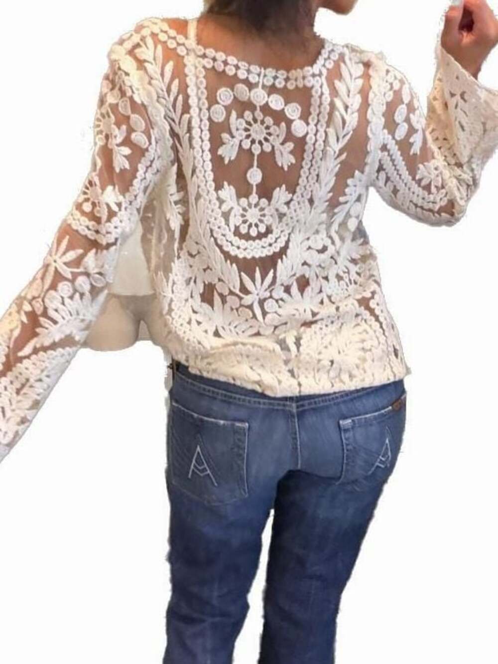 Neiman Marcus Sheer Crochet Embroidery Lace Floral Blouse White - Picture 2 of 6